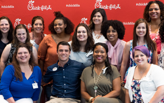 Chick-fil-A Moms Panel member taking a selfie at headquarters in Atlanta, GA